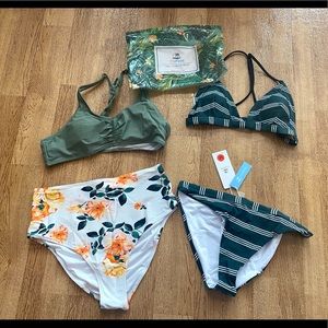 2 Cupshe 2 Piece Bathing Suits/ Bikinis- Green & White Stripes/ Floral Size M